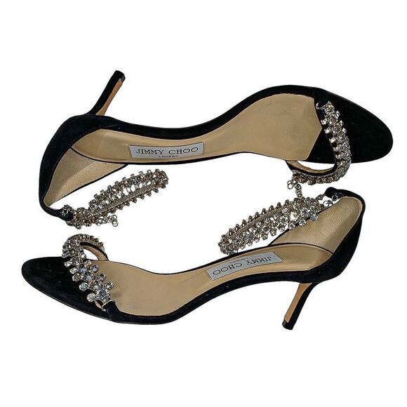 Jimmy Choo Shiloh Embellished Black Suede Crystal Studded Heeled Sandals EU 37.5 - Picture 2 of 10